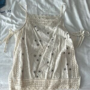 Anthropologie Cream Camisole with Tie Front and Embellishments